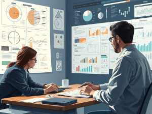Dua profesional sedang berdiskusi di depan layar yang menampilkan grafik dan data analitik di ruang rapat.