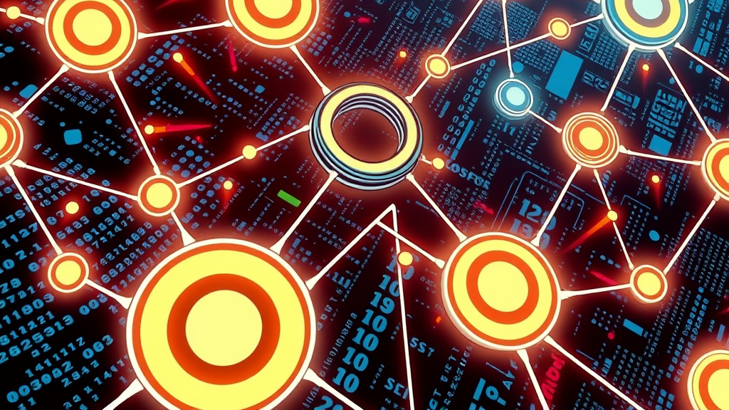 Gambar jaringan sirkuit digital dengan lingkaran berwarna cerah di latar belakang yang menunjukkan data dan konektivitas yang terputus