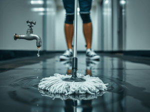 Sebuah alat pel basah di lantai yang mengkilap dengan keran yang menetes air di latar belakang.