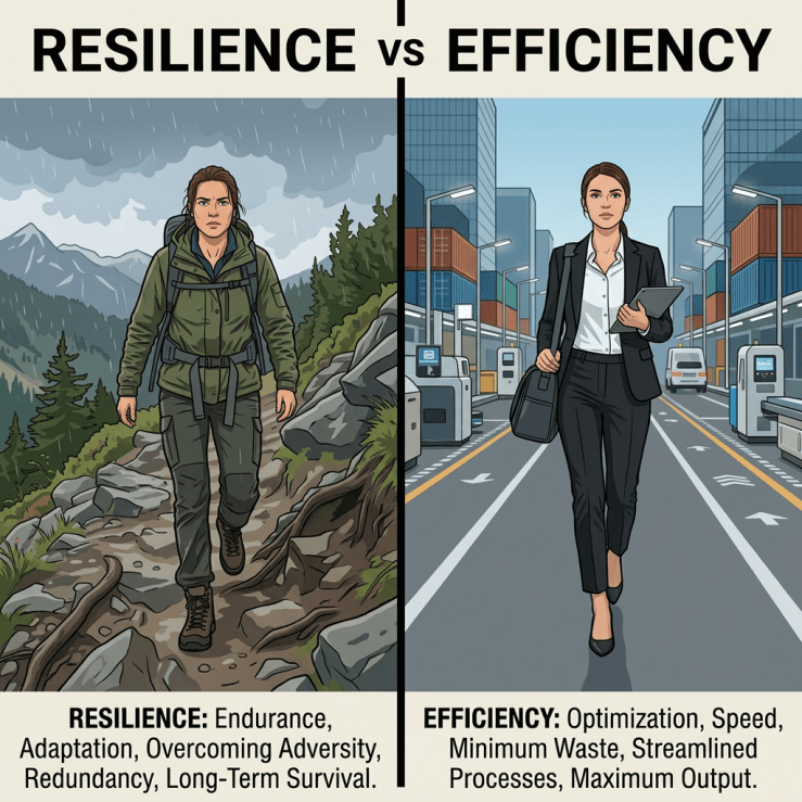 Side-by-side images illustrating resilience with a hiker in a rugged mountainous trail and efficiency with a businesswoman walking in a modern urban setting
