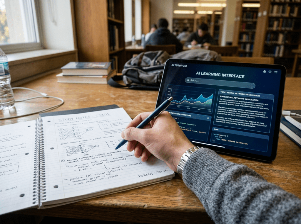 Hand writing neural network study notes beside tablet displaying AI learning interface